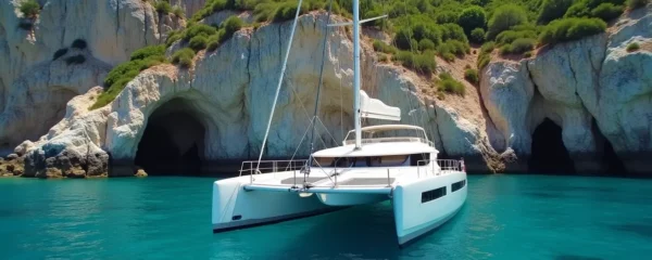 Vue panoramique réaliste d'un catamaran naviguant le long de la côte corse avec une mer turquoise et des falaises escarpées en arrière-plan