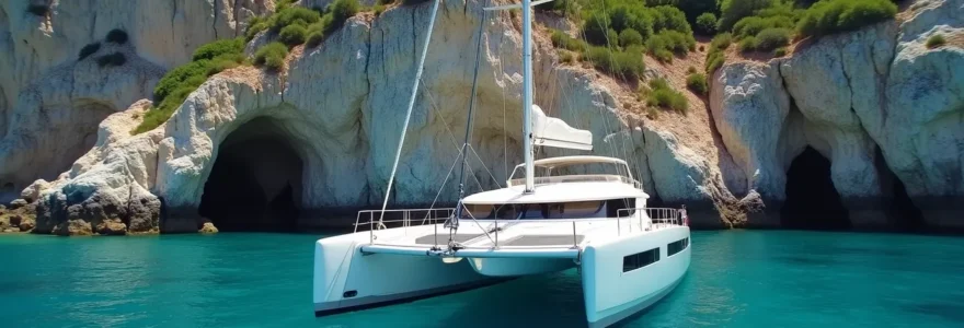 Vue panoramique réaliste d'un catamaran naviguant le long de la côte corse avec une mer turquoise et des falaises escarpées en arrière-plan