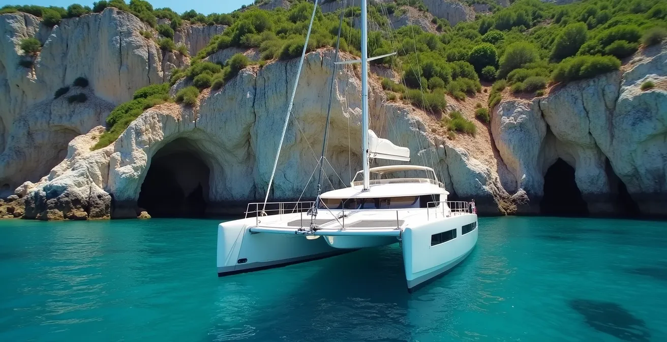 Vue panoramique réaliste d'un catamaran naviguant le long de la côte corse avec une mer turquoise et des falaises escarpées en arrière-plan