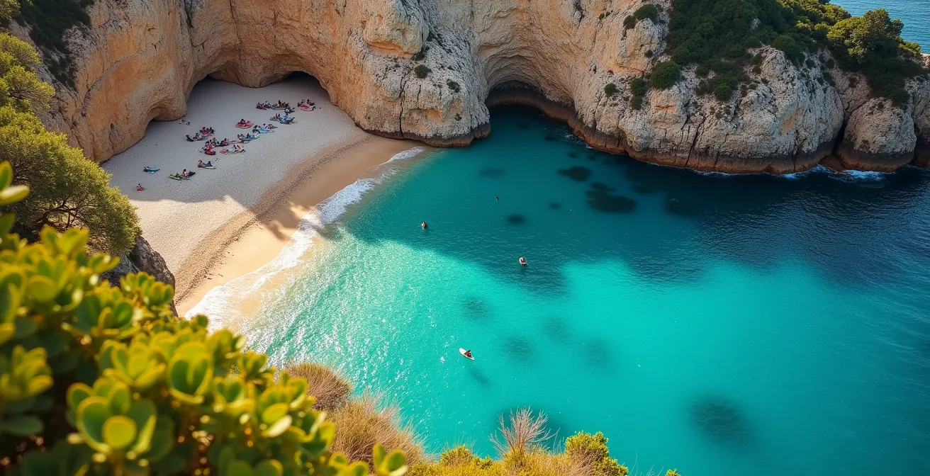 Photo d'une crique turquoise isolée en Corse avec végétation luxuriante et rochers