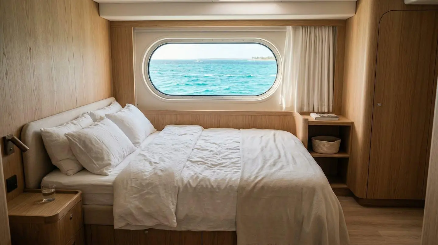 Intérieur spacieux d'une cabine de catamaran avec vue sur mer par le hublot