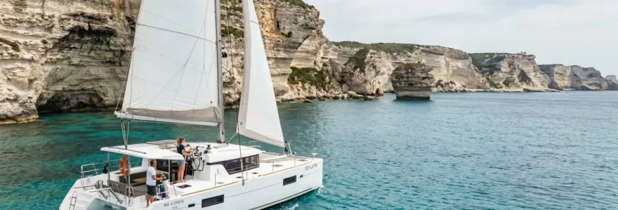 Catamaran moderne naviguant le long des côtes corses aux eaux turquoise