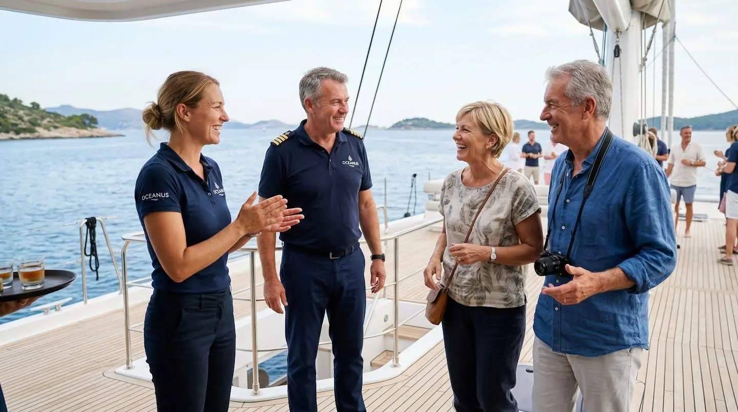 Capitaine et hôtesse accueillant des passagers sur le pont d'un catamaran en Méditerranée