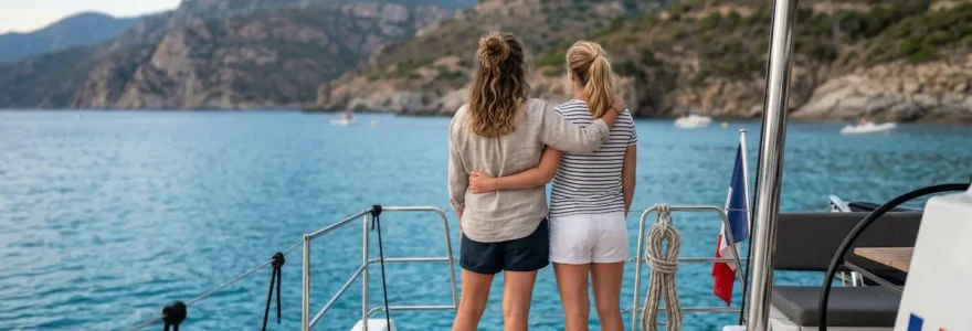 Un couple vu de dos observe l'horizon depuis le pont d'un catamaran naviguant au large de la côte corse sous une lumière naturelle