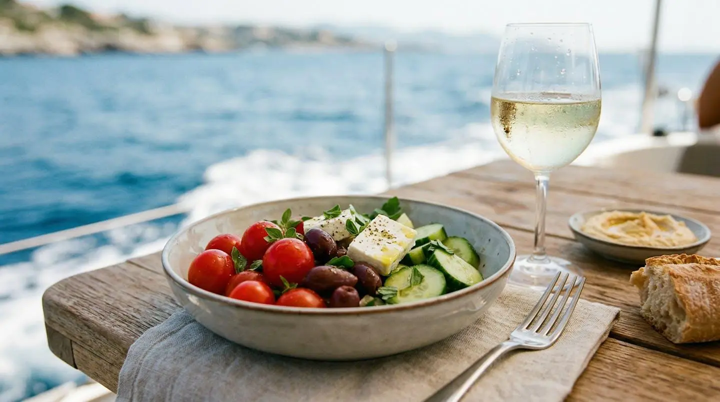 Gros plan sur une table dressée à bord d'un catamaran avec assiette garnie, couverts et verre, sous une lumière naturelle douce